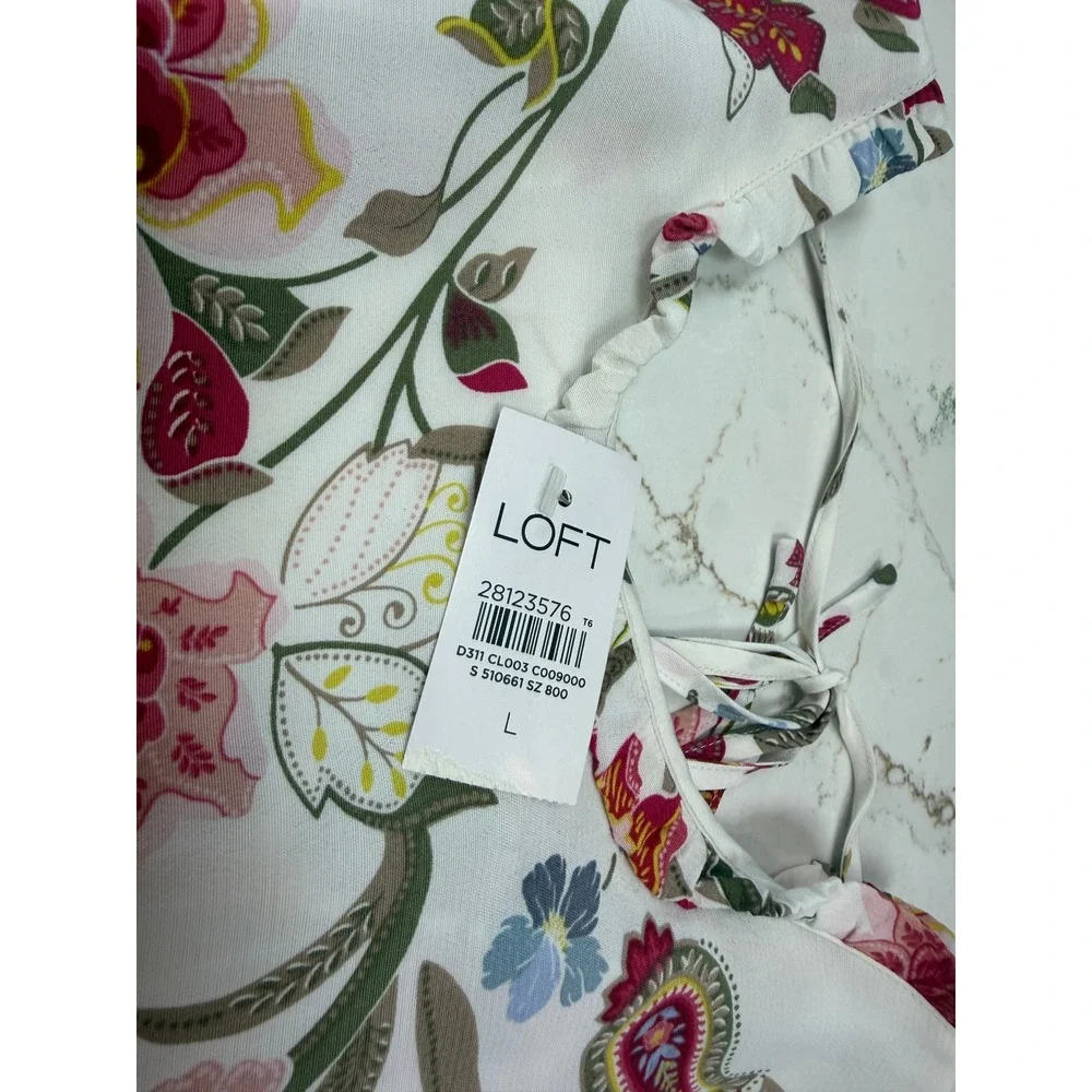 LOFT Floral Print‎ Ruffle Neck Tie Blouse Long Sleeve Women's Size L NWT